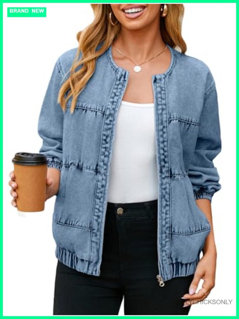 Womens Denim Bomber Jacket Zip Up Crew Neck Long Sleeve Loose Fit Jean Jacket